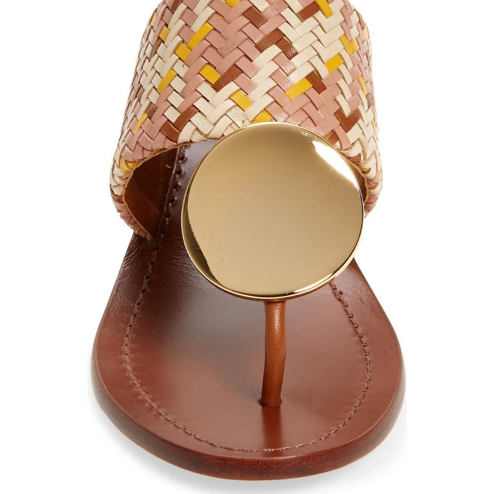 Tory Burch PATOS DISK MID-HEEL SANDAL Woven Neutral Pink Gold Accent Details - Picture 10 of 14